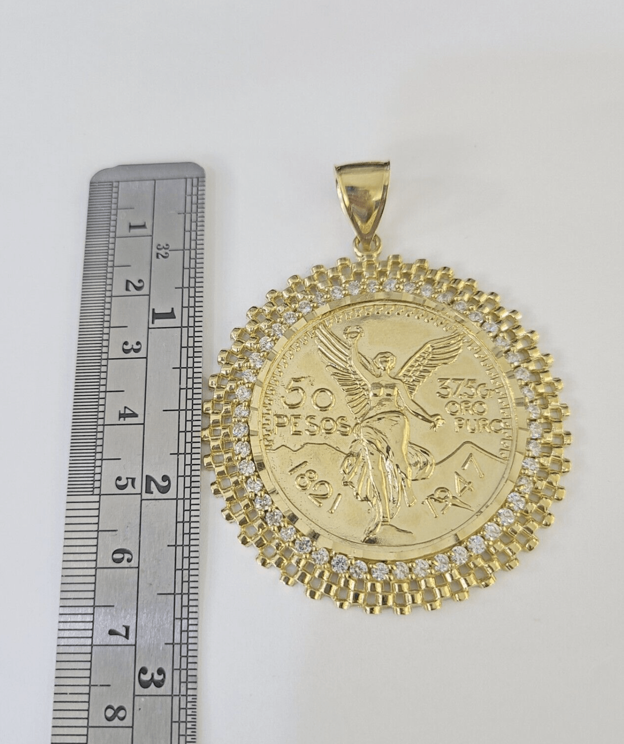 10k Yellow Gold Pendant Centenario - style Coin Charm 50 Pesos 1947 Mexican 2.5" - GoldenlinQ