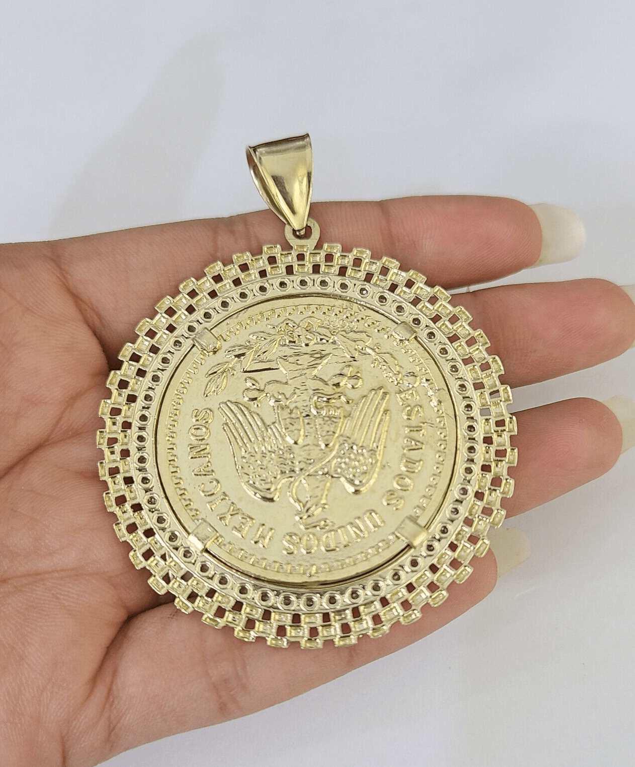 10k Yellow Gold Pendant Centenario - style Coin Charm 50 Pesos 1947 Mexican 2.5" - GoldenlinQ