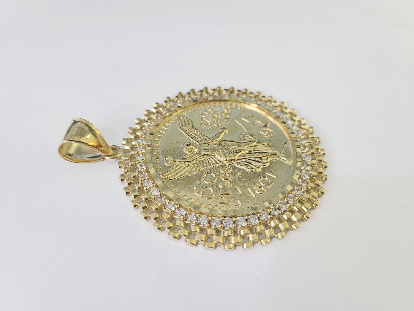 10k Yellow Gold Pendant Centenario - style Coin Charm 50 Pesos 1947 Mexican 2.5" - GoldenlinQ