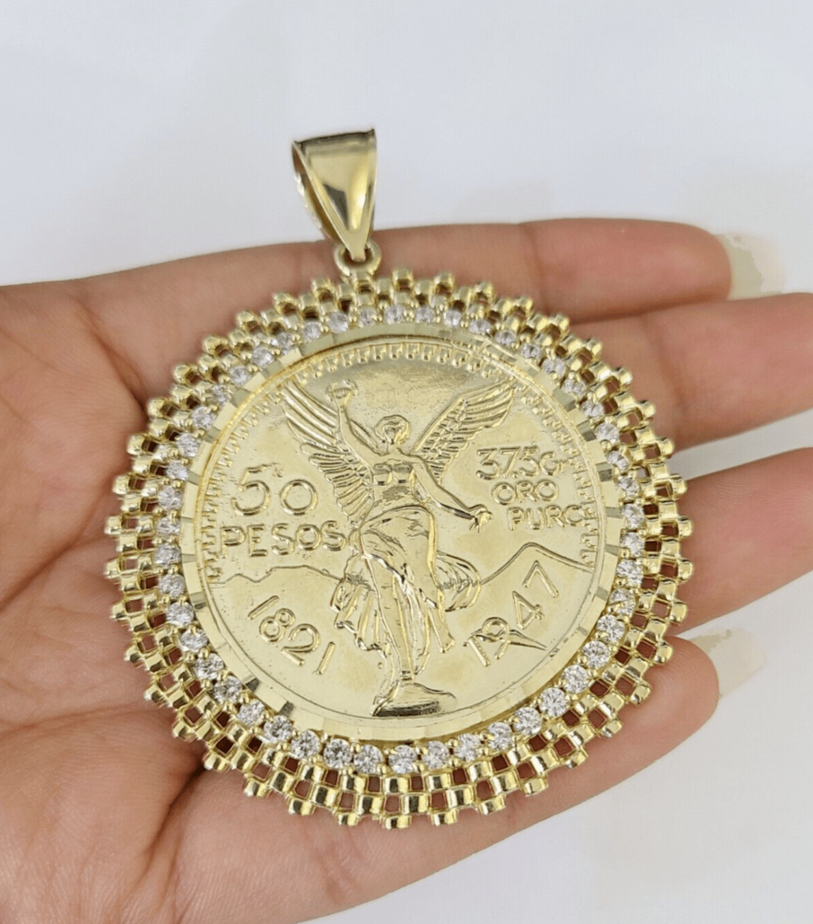 10k Yellow Gold Pendant Centenario - style Coin Charm 50 Pesos 1947 Mexican 2.5" - GoldenlinQ