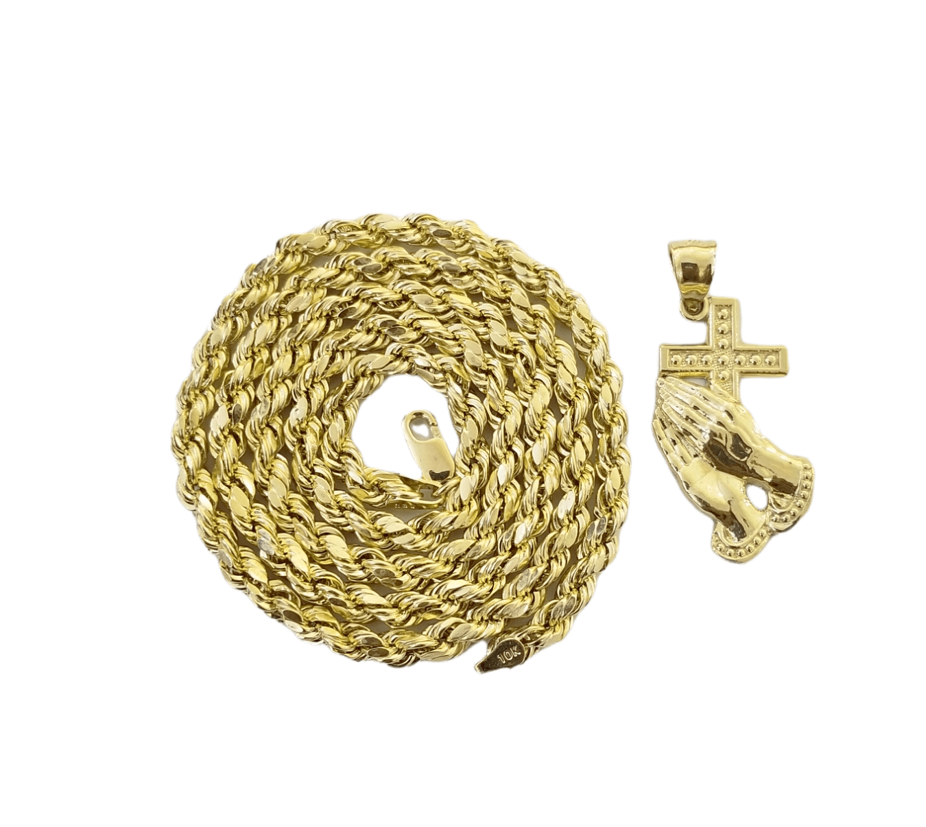 10k Yellow Gold Praying Hand Cross Pendent 4mm Rope Chain 18 20 22 24 26 28 30" - GoldenlinQ