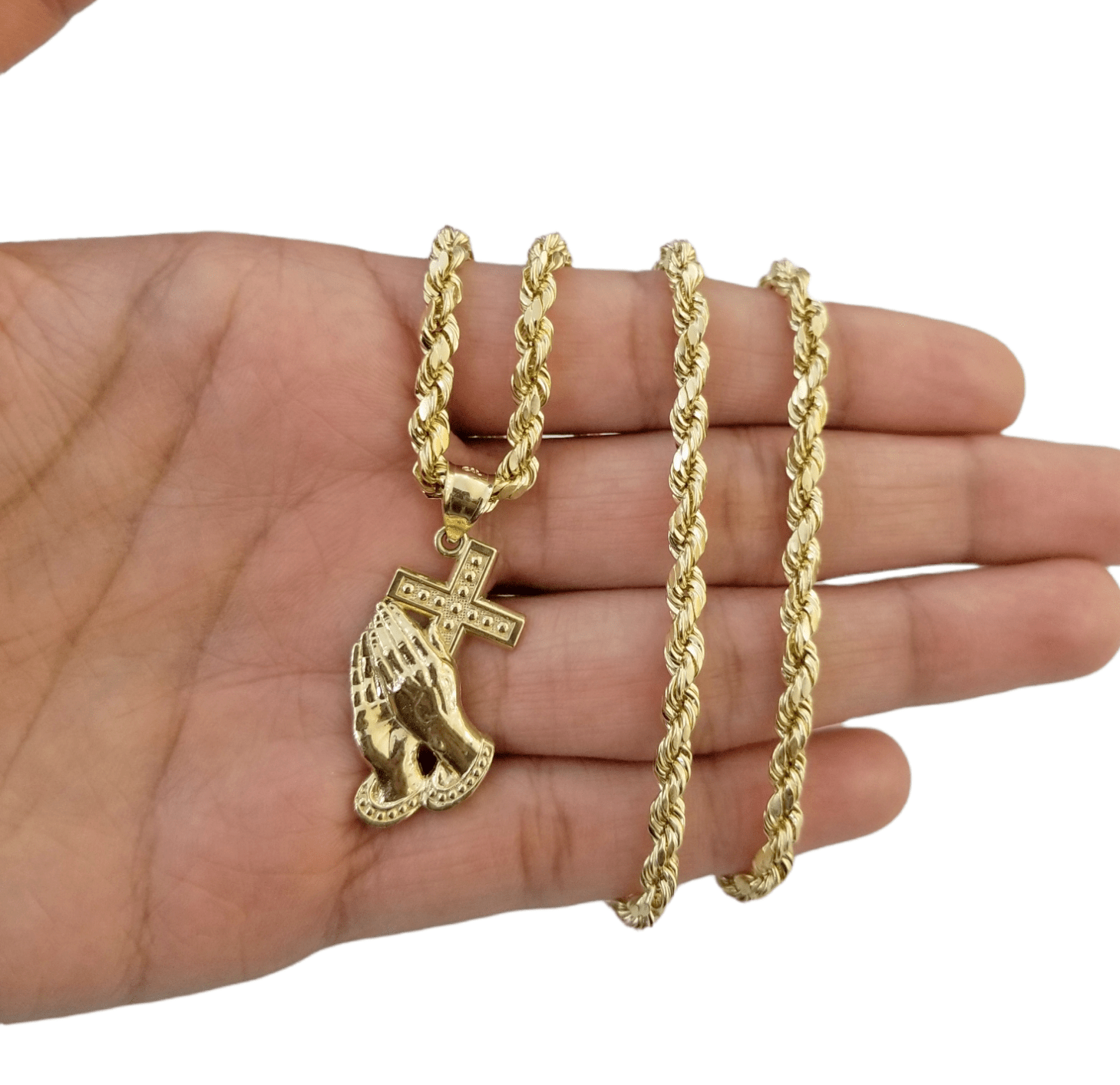 10k Yellow Gold Praying Hand Cross Pendent 4mm Rope Chain 18 20 22 24 26 28 30" - GoldenlinQ