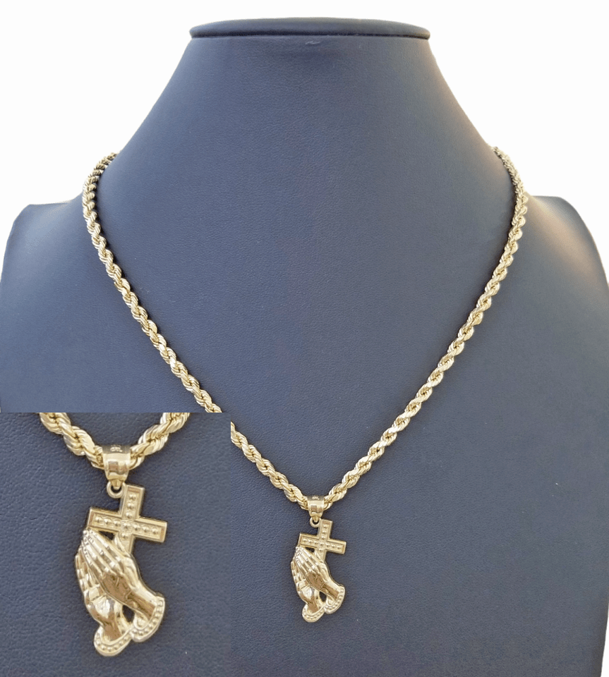 10k Yellow Gold Praying Hand Cross Pendent 4mm Rope Chain 18 20 22 24 26 28 30" - GoldenlinQ