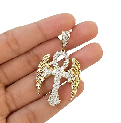 10K Yellow Gold Real Diamond Ankh Angel Wing Cross Pendent Jesus Charm - GoldenlinQ