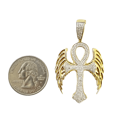 10K Yellow Gold Real Diamond Ankh Angel Wing Cross Pendent Jesus Charm - GoldenlinQ