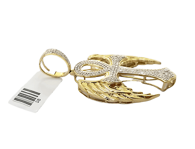 10K Yellow Gold Real Diamond Ankh Angel Wing Cross Pendent Jesus Charm - GoldenlinQ
