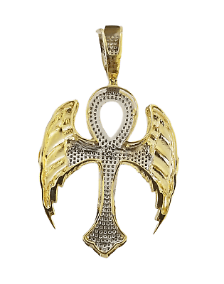 10K Yellow Gold Real Diamond Ankh Angel Wing Cross Pendent Jesus Charm - GoldenlinQ