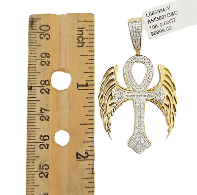 10K Yellow Gold Real Diamond Ankh Angel Wing Cross Pendent Jesus Charm - GoldenlinQ