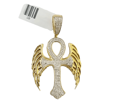 10K Yellow Gold Real Diamond Ankh Angel Wing Cross Pendent Jesus Charm - GoldenlinQ