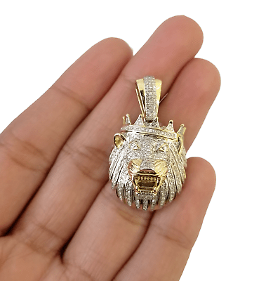 10K Yellow Gold Real Diamond Pendant King Lion Head Crown Charm - GoldenlinQ