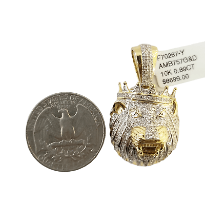 10K Yellow Gold Real Diamond Pendant King Lion Head Crown Charm - GoldenlinQ