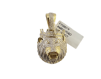 10K Yellow Gold Real Diamond Pendant King Lion Head Crown Charm - GoldenlinQ