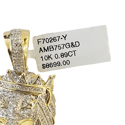 10K Yellow Gold Real Diamond Pendant King Lion Head Crown Charm - GoldenlinQ