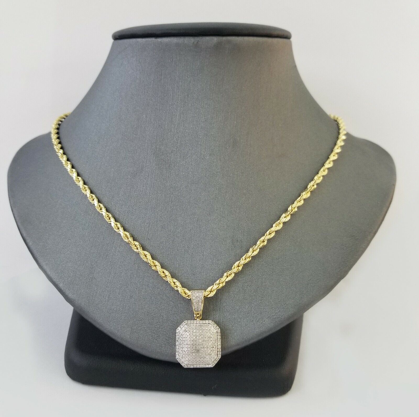 10K Yellow Gold Real Diamond Pillow Charm With 24" 3mm gold rope chain - GoldenlinQ