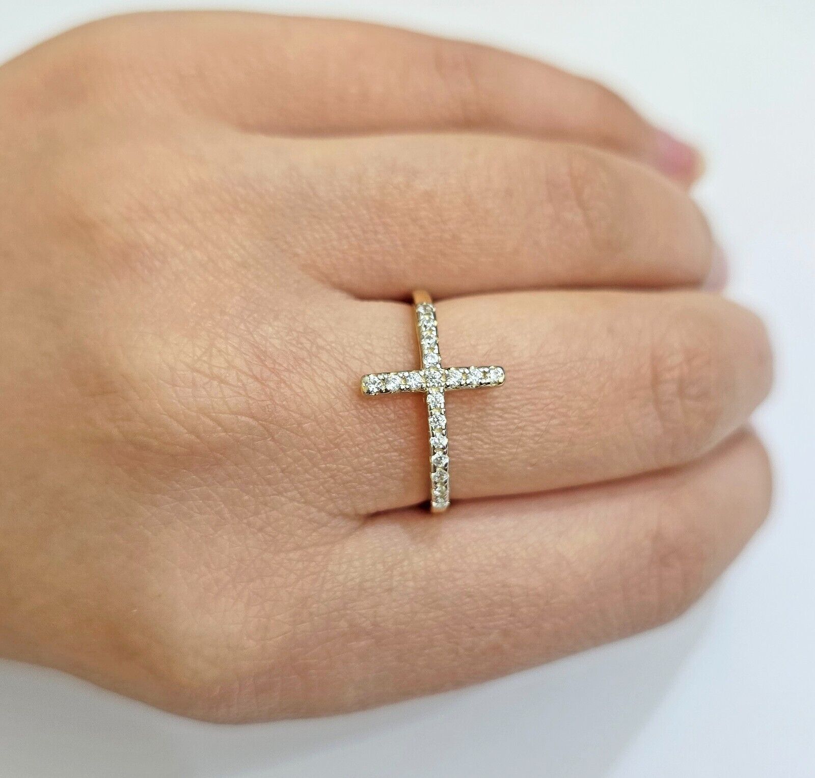 10k Yellow Gold Ring Ladies size 7 Real 10kt Cross Ring With Stones For Women - GoldenlinQ