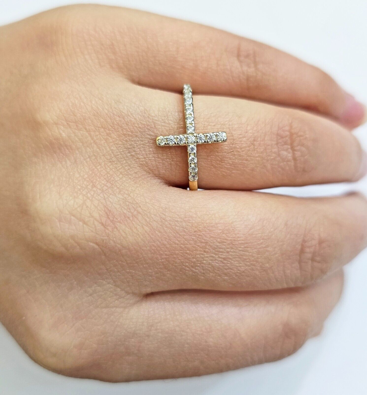 10k Yellow Gold Ring Ladies size 7 Real 10kt Cross Ring With Stones For Women - GoldenlinQ