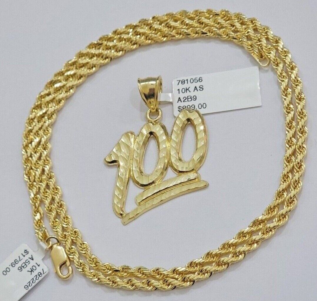 10k Yellow Gold Rope Chain 100 Charm Pendant Set 18" - 28 Inch 3mm Necklace REAL - GoldenlinQ
