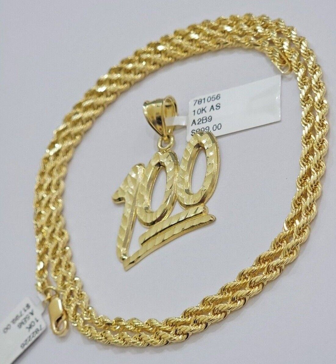 10k Yellow Gold Rope Chain 100 Charm Pendant Set 18" - 28 Inch 3mm Necklace REAL - GoldenlinQ