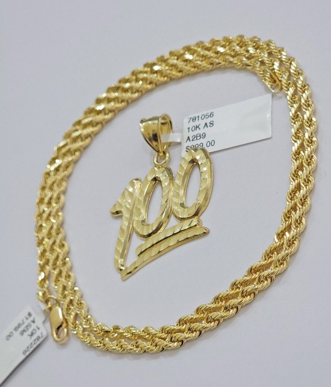 10k Yellow Gold Rope Chain 100 Charm Pendant Set 22 Inch 3mm Necklace REAL SALE - GoldenlinQ
