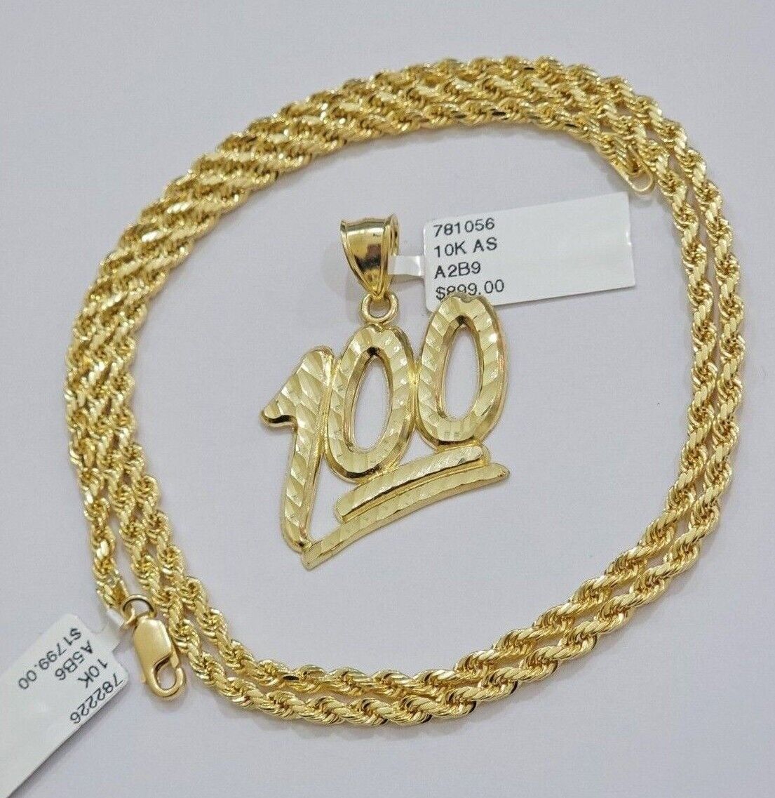 10k Yellow Gold Rope Chain 100 Charm Pendant Set 22 Inch 3mm Necklace REAL SALE - GoldenlinQ