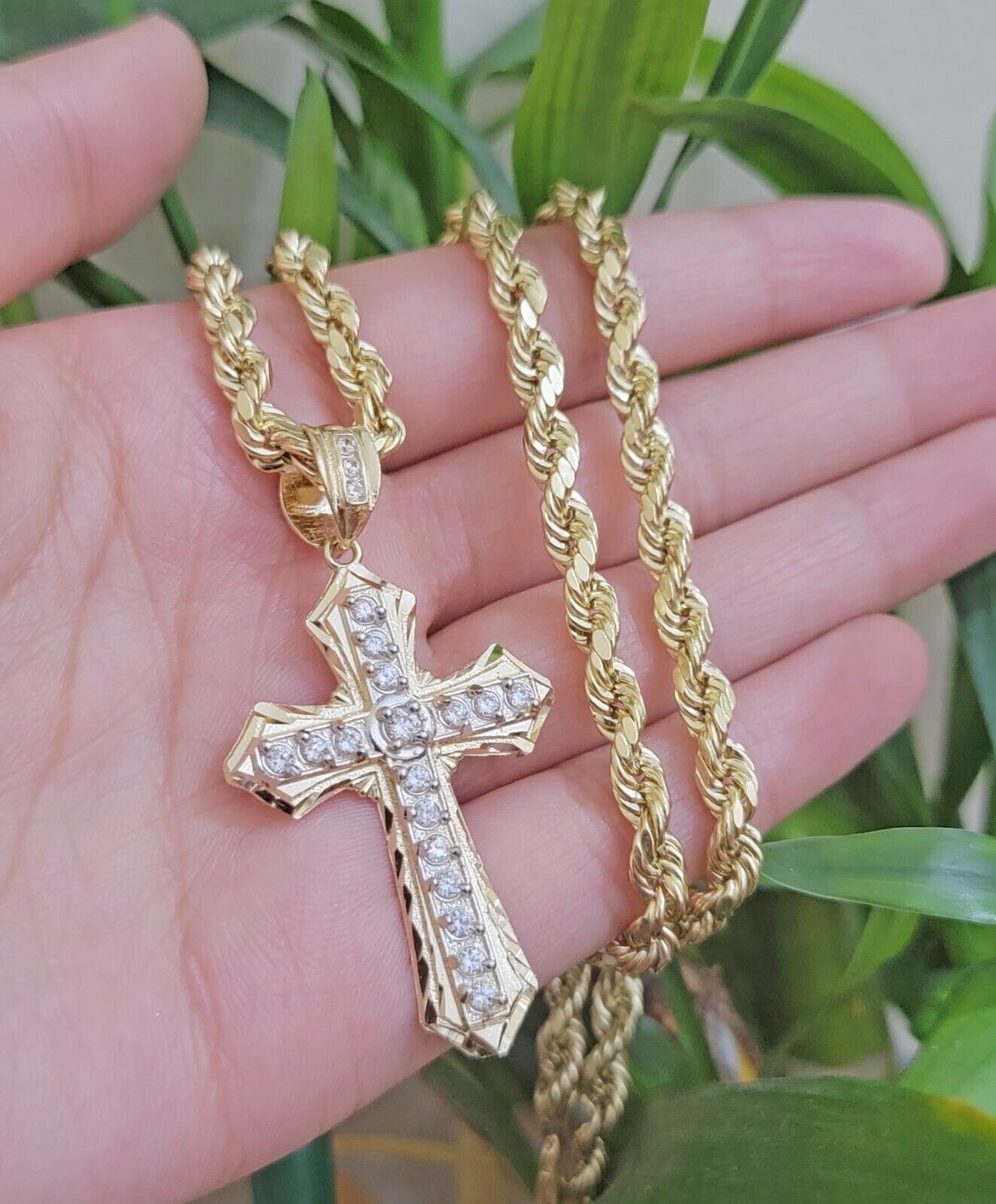 10k Yellow Gold Rope Chain 26" 5mm Necklace Cross Charm Pendant Set REAL 10k Men - GoldenlinQ
