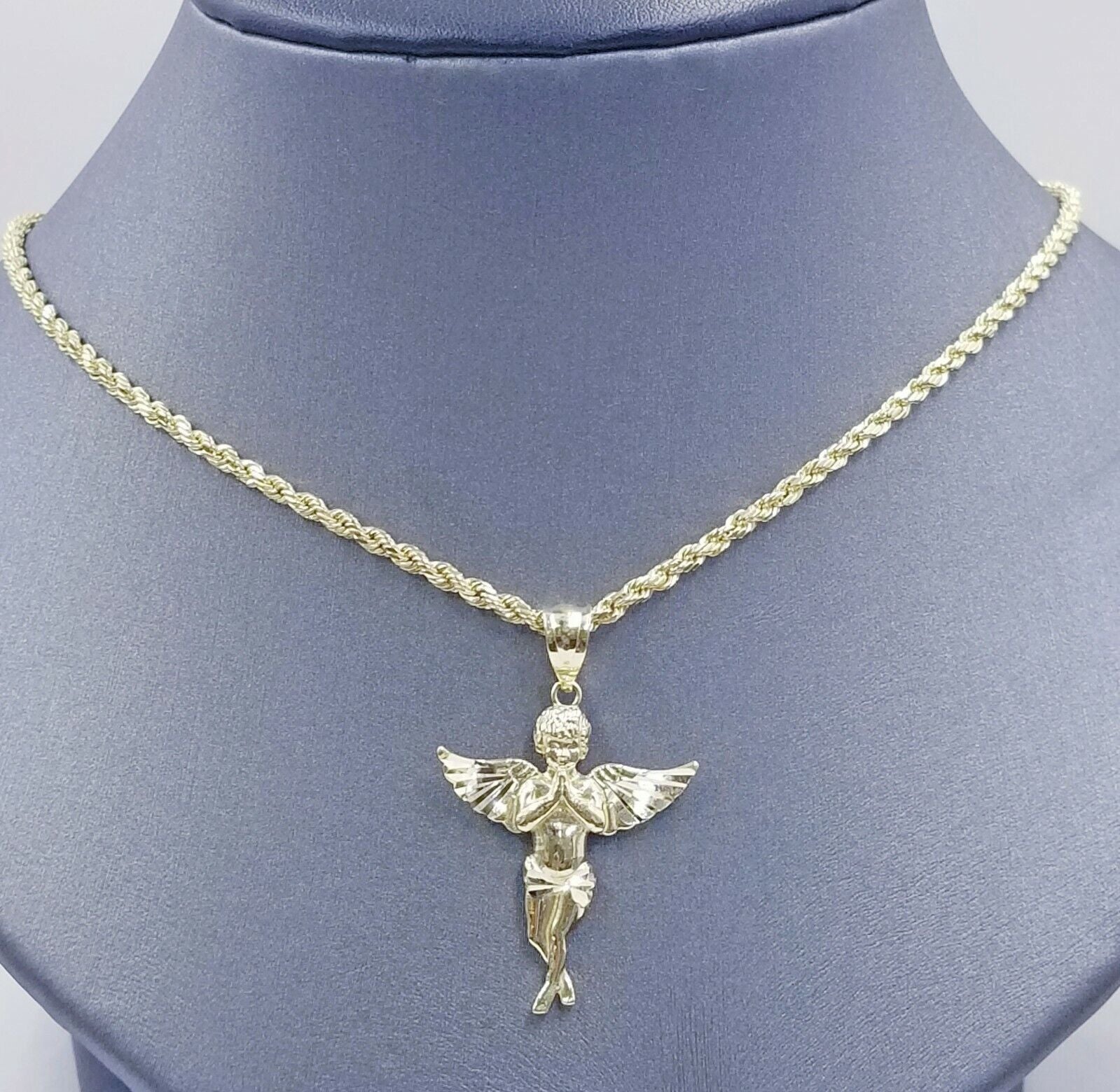 10k Yellow Gold Rope Chain, Angel Charm Pendant Necklace Set 18" - 28" Real 10kt - GoldenlinQ