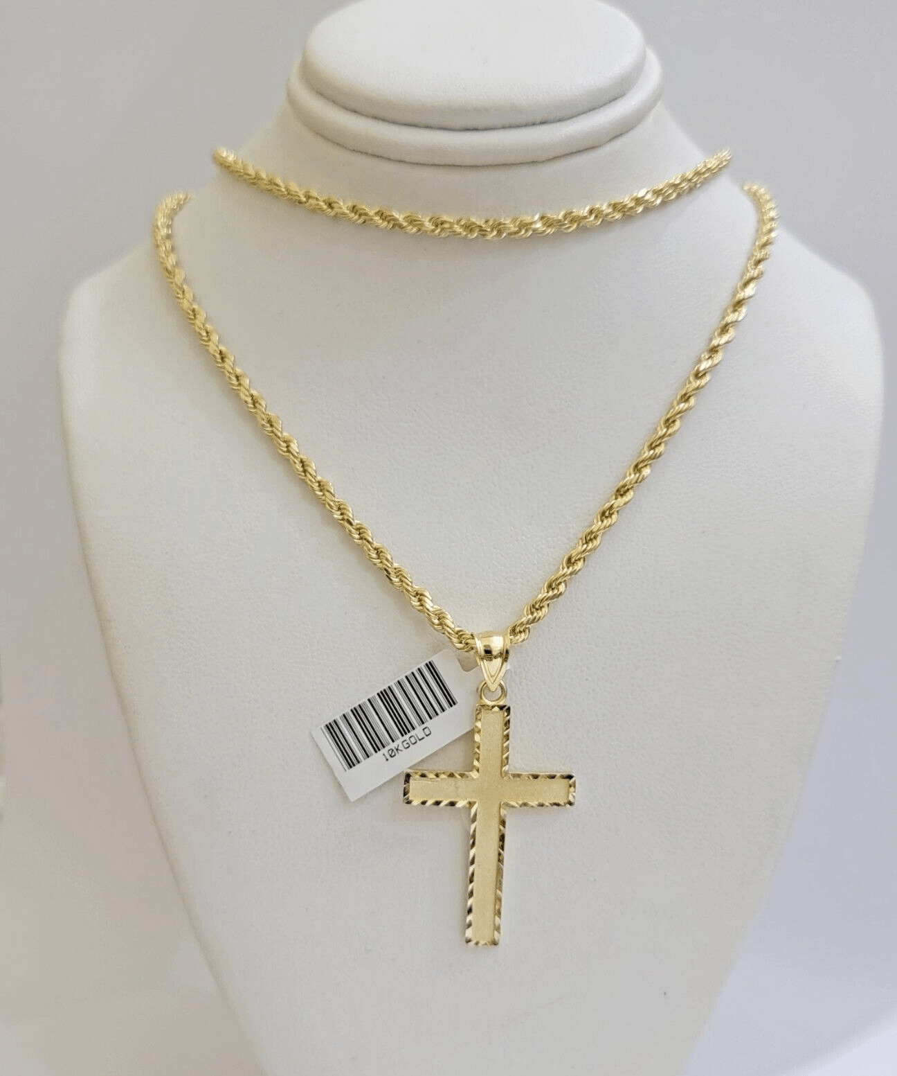 10k Yellow Gold Rope Chain & Cross Charm Set REAL 10KT 28 Inch necklace pendant - GoldenlinQ