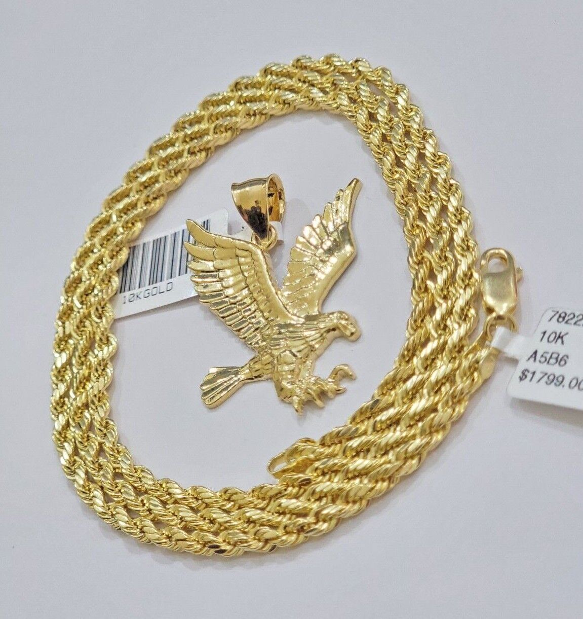 10k Yellow Gold Rope Chain Eagle Charm Pendant Set 18" - 28 Inch 3mm Necklace REAL - GoldenlinQ
