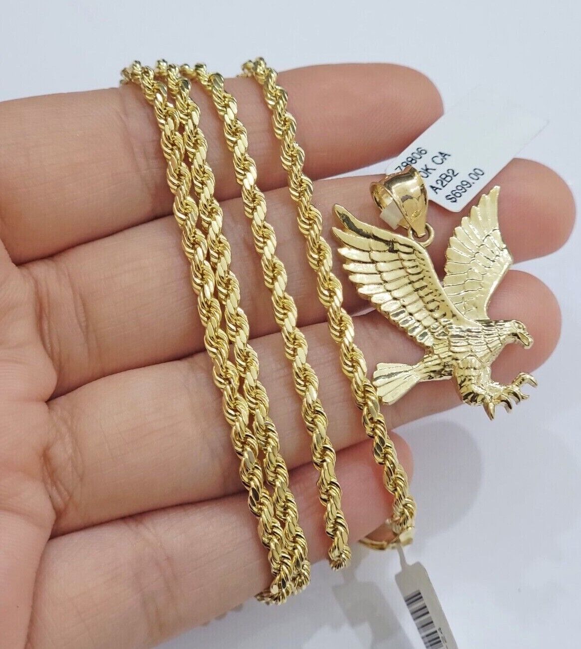 10k Yellow Gold Rope Chain Eagle Charm Pendant Set 18" - 28 Inch 3mm Necklace REAL - GoldenlinQ