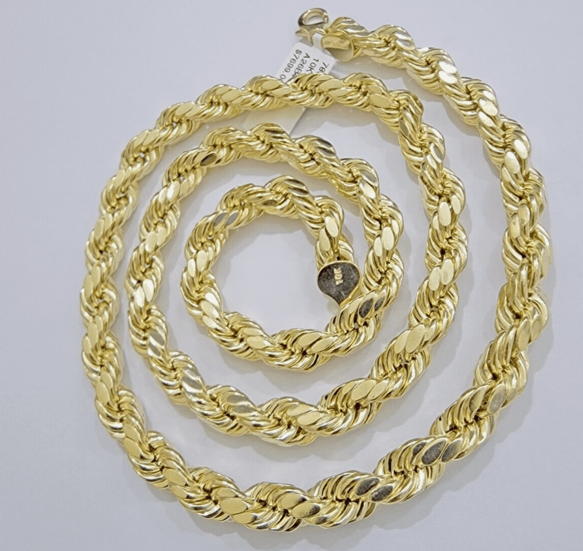 10k Yellow Gold Rope Chain Necklace 26 Inch 8mm Diamond Cuts Men's REAL 10KT - GoldenlinQ
