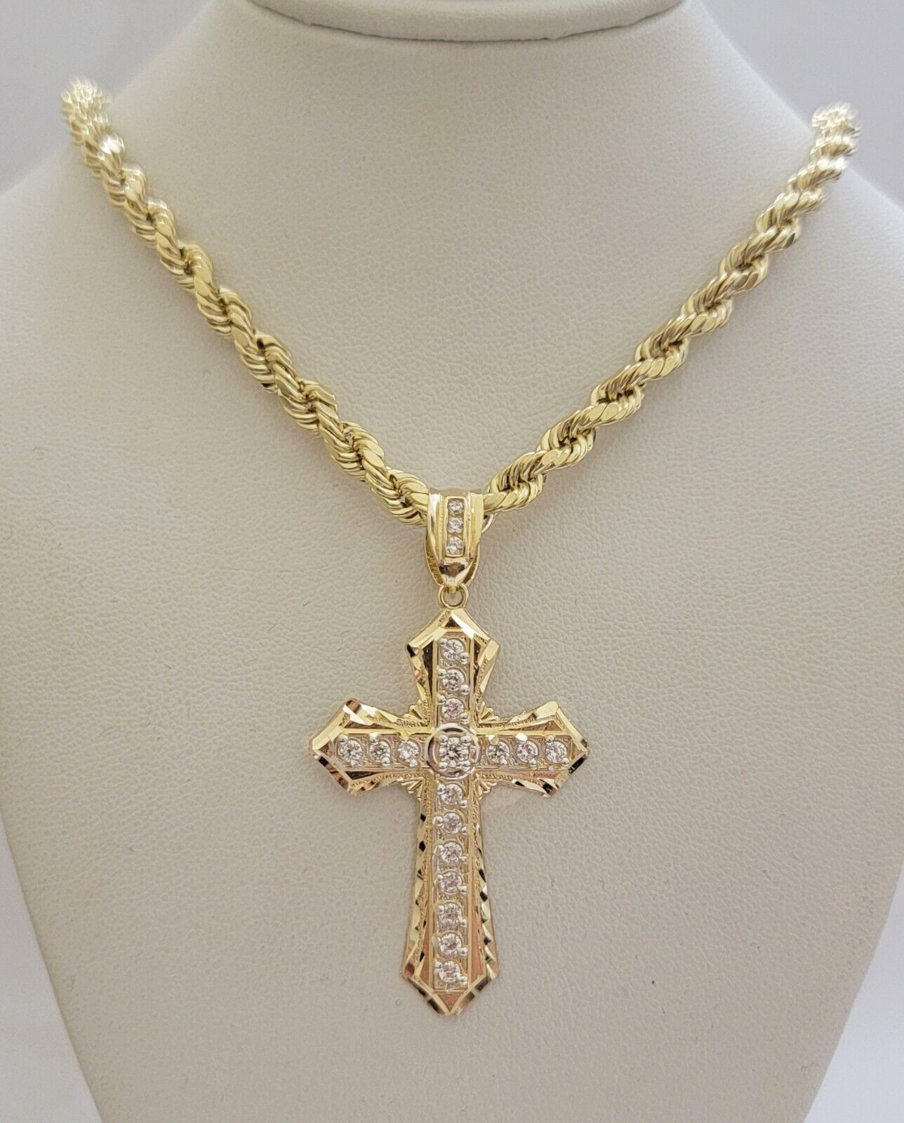 10k Yellow Gold Rope Chain Necklace Cross Charm Pendant Set 24" 5mm, REAL 10kt - GoldenlinQ