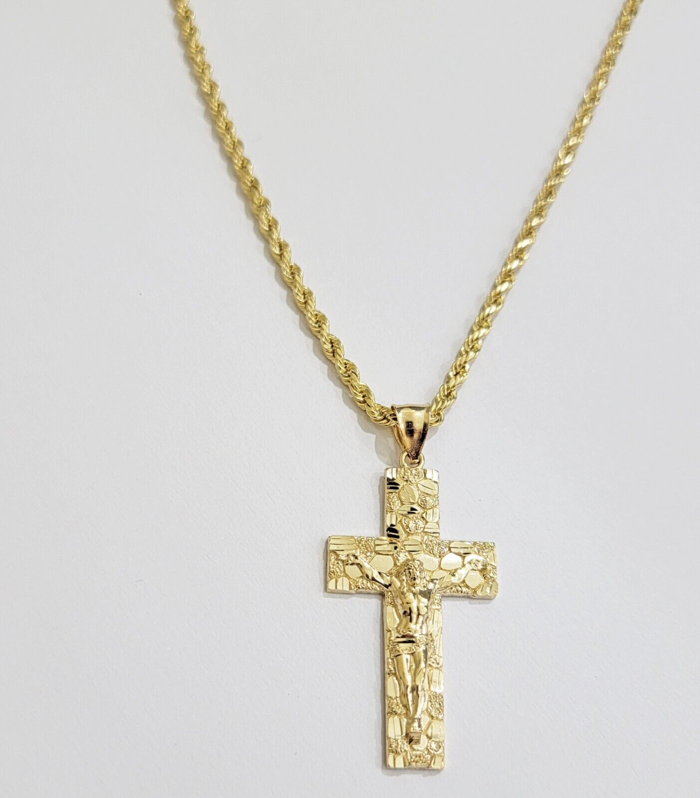 10k Yellow Gold Rope Chain Nugget Cross Charm Set 20 Inch necklace pendant, REAL - GoldenlinQ
