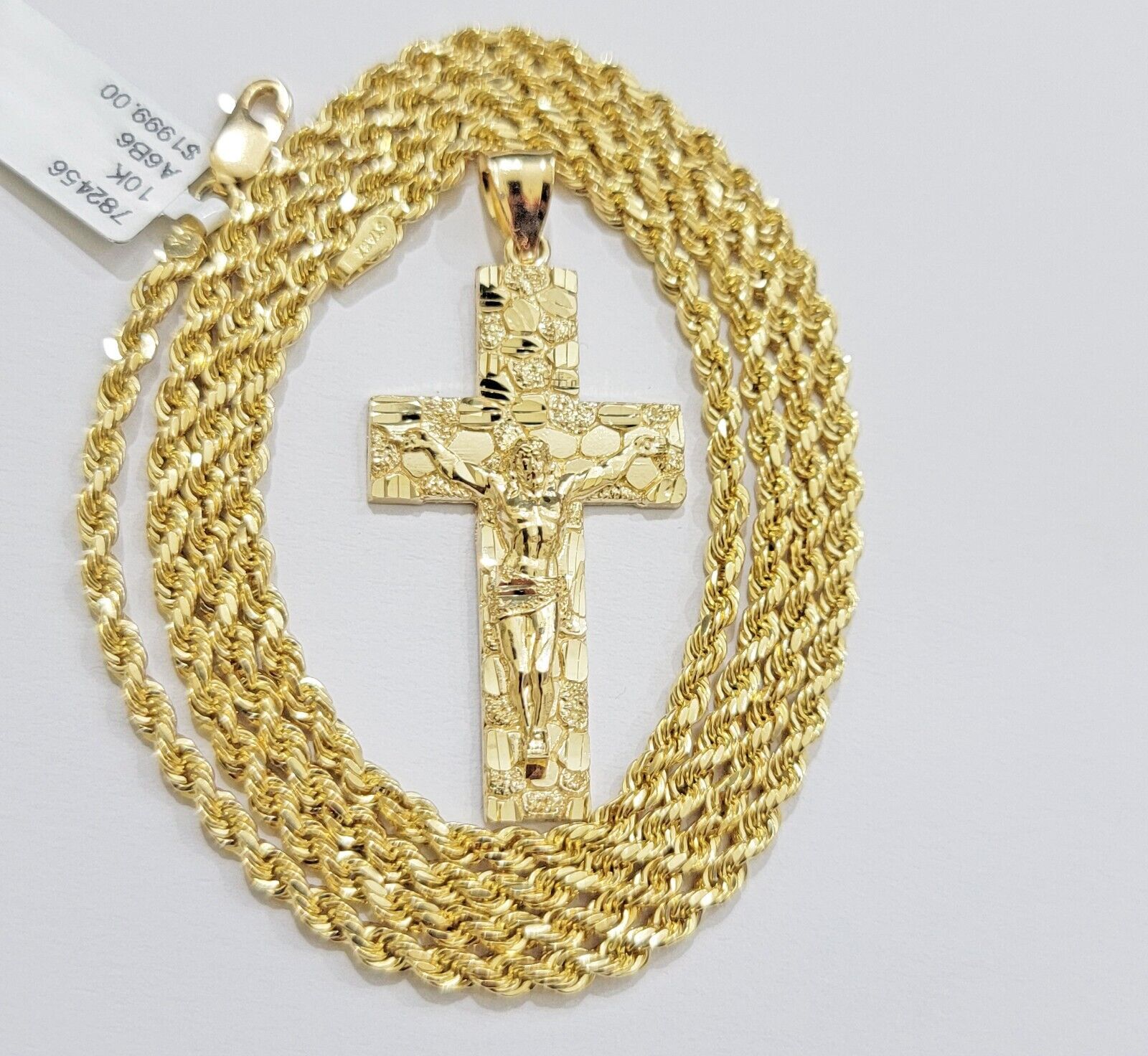 10k Yellow Gold Rope Chain Nugget Cross Charm Set 22 Inch necklace pendant, REAL - GoldenlinQ