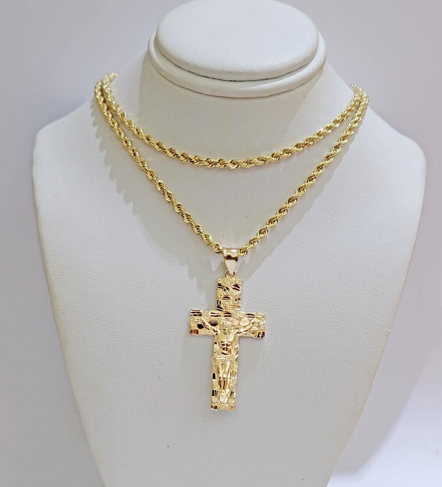 10k Yellow Gold Rope Chain Nugget Cross Charm Set 24 Inch necklace pendant, REAL - GoldenlinQ