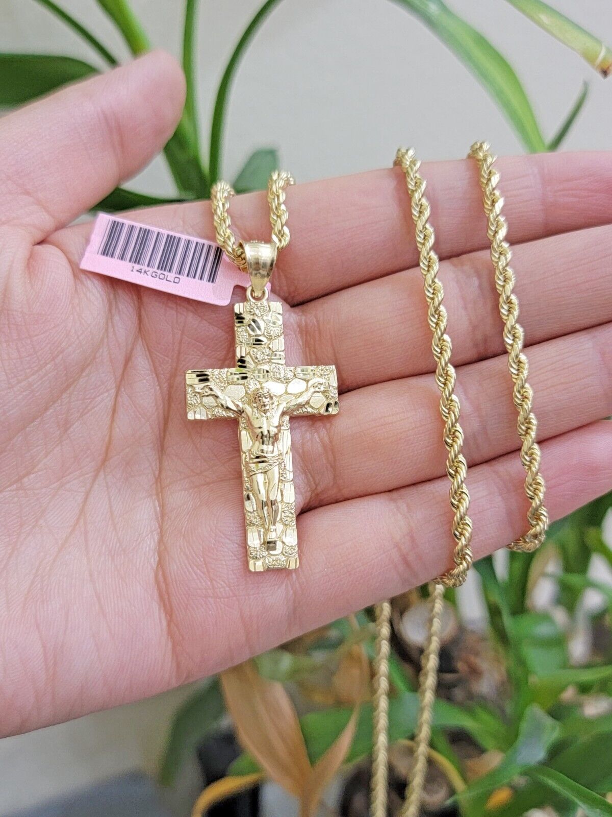 10k Yellow Gold Rope Chain Nugget Cross Charm Set 26 Inch necklace pendant, REAL - GoldenlinQ