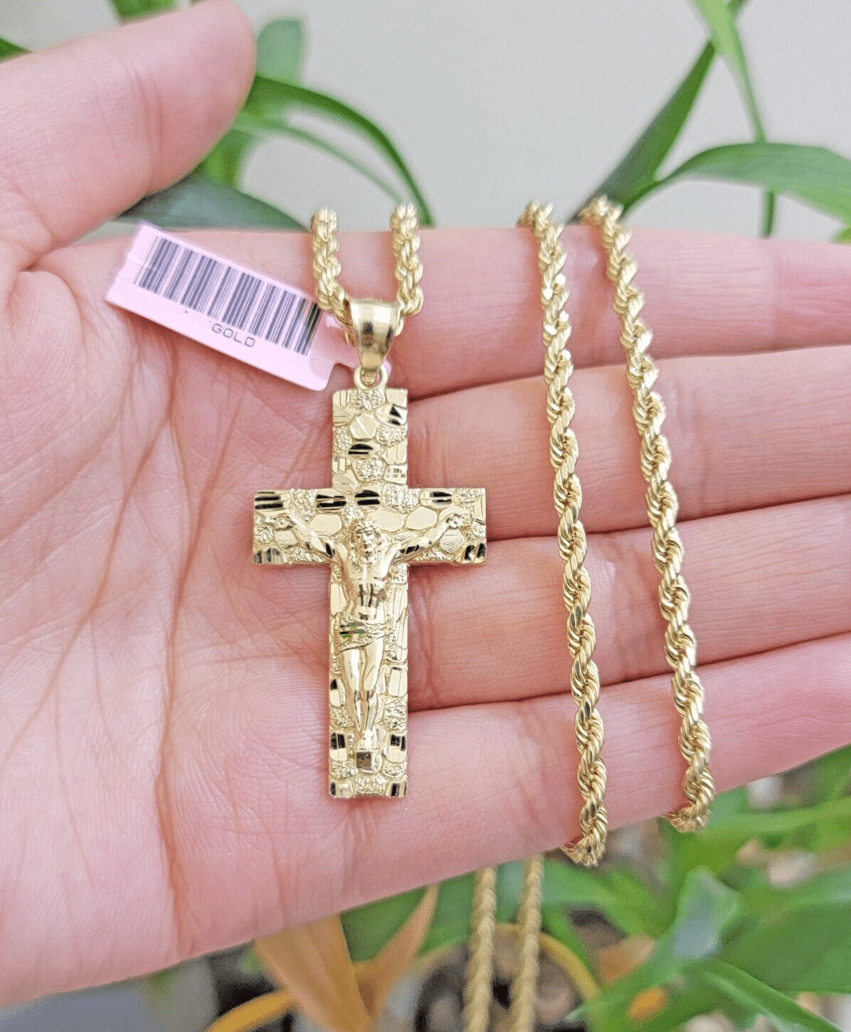10k Yellow Gold Rope Chain Nugget Cross Charm Set 26 Inch necklace pendant, REAL - GoldenlinQ