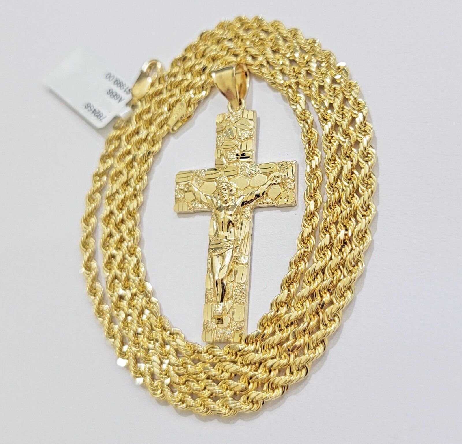 10k Yellow Gold Rope Chain Nugget Cross Charm Set 28 Inch necklace pendant, REAL - GoldenlinQ