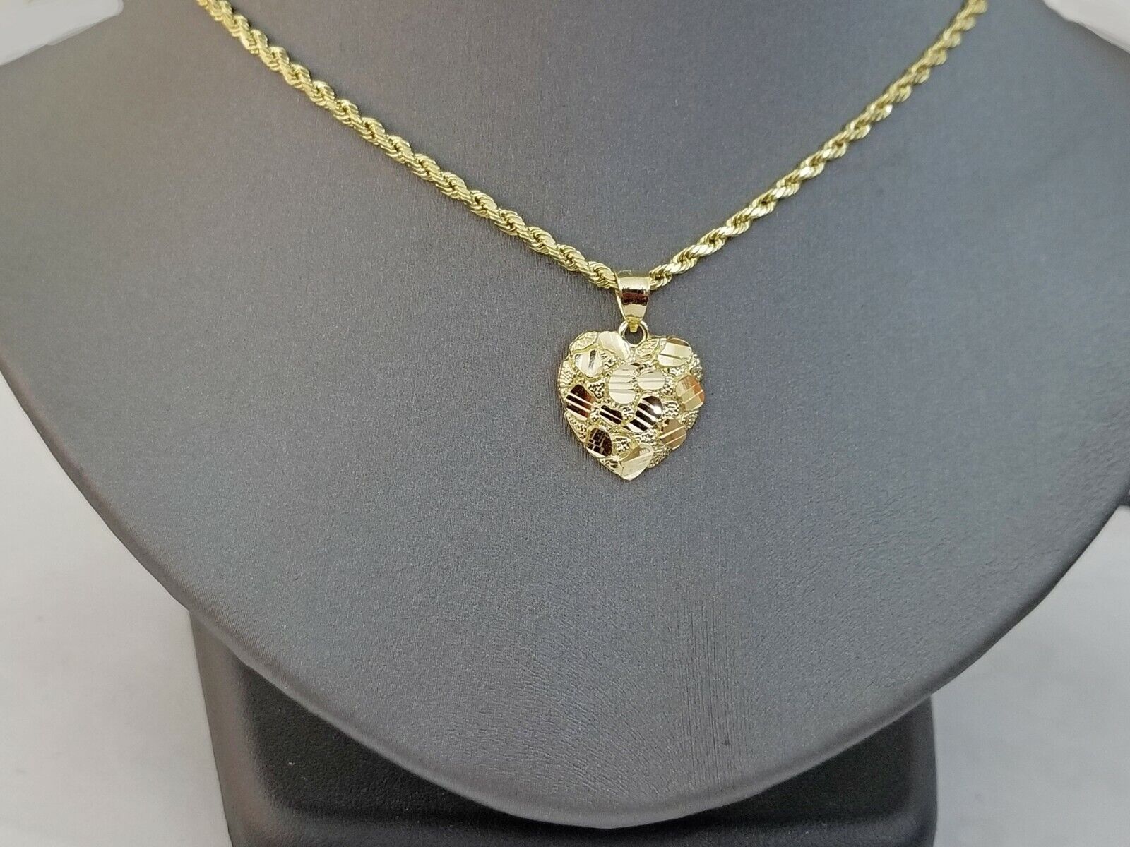 10k Yellow Gold Rope Chain Nugget Heart Charm Pendant 18" 20" 22" 24" 26" 28" - GoldenlinQ