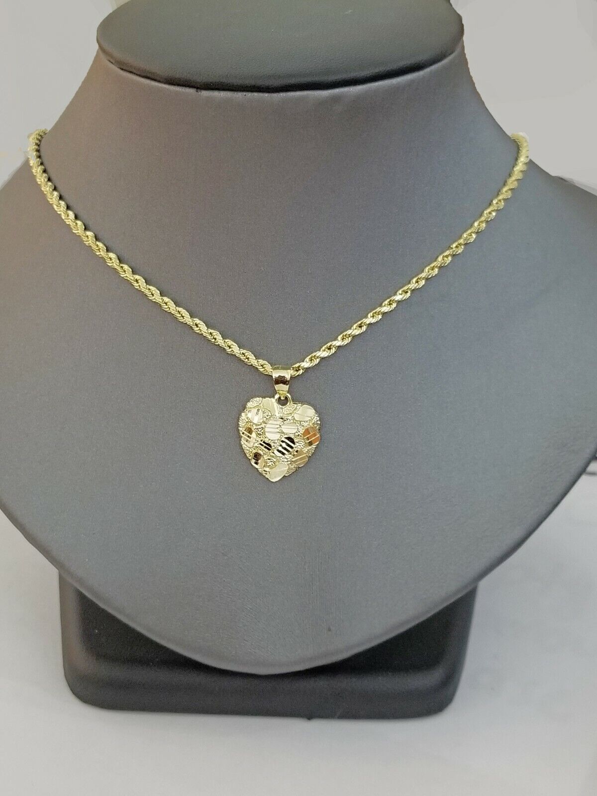 10k Yellow Gold Rope Chain Nugget Heart Charm Pendant 18" 20" 22" 24" 26" 28" - GoldenlinQ