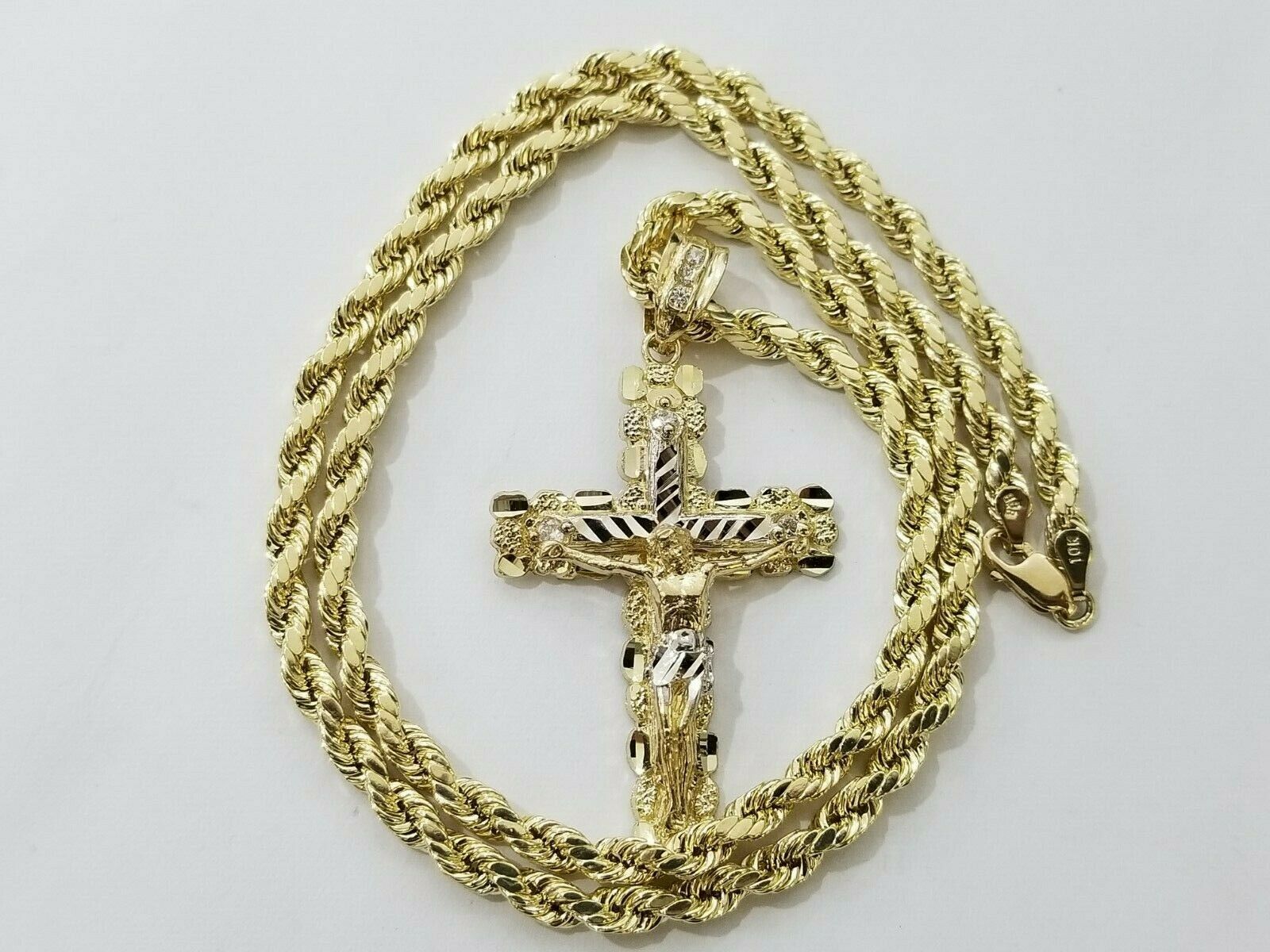 10k Yellow Gold Rope Chain With Cross Charm Pendant Set REAL 10KT 4mm Necklace - GoldenlinQ