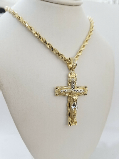 10k yellow gold rope chain with cross charm pendant set real 10kt 4mm necklace - GoldenlinQ
