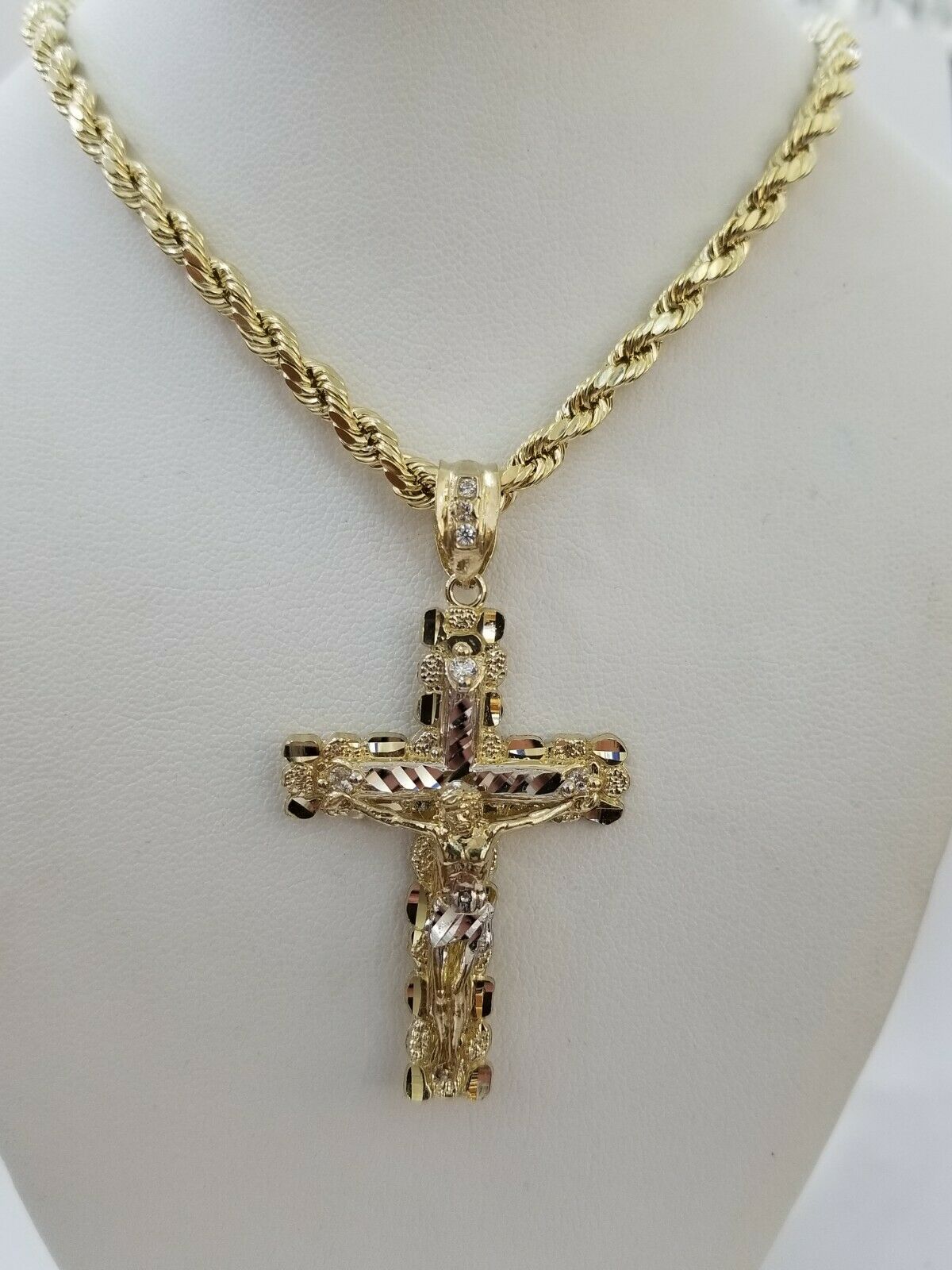 10k Yellow Gold Rope Chain With Cross Charm Pendant Set REAL 10KT 4mm Necklace - GoldenlinQ