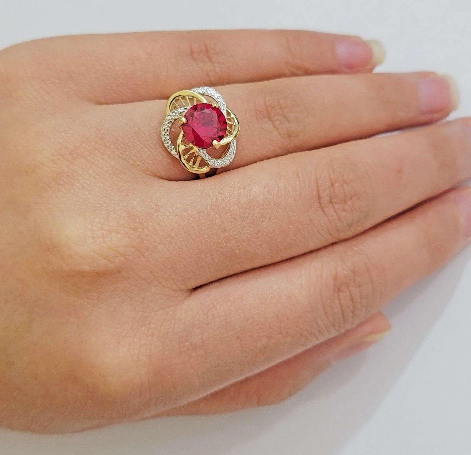 10k Yellow Gold Women Ring Pink Red Color Ladies Flower Band REAL 10KT Size 7.5 - GoldenlinQ