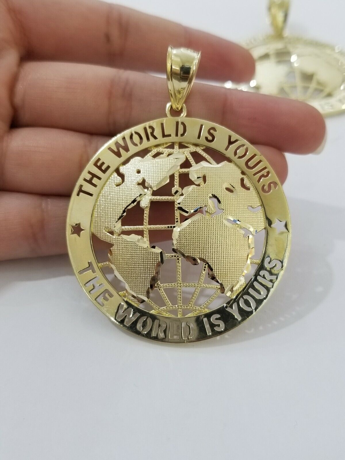 10k Yellow Gold World Map Charm Pendant Ring The World Is Yours Engraved Real 10kt - GoldenlinQ