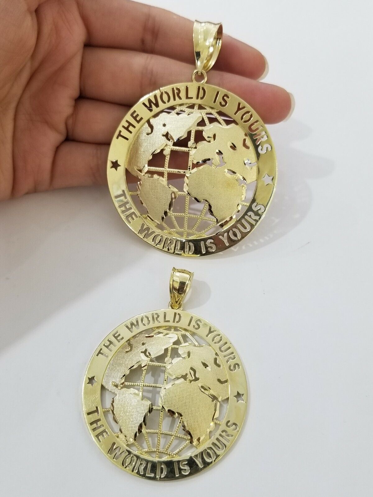 10k Yellow Gold World Map Charm Pendant Ring The World Is Yours Engraved Real 10kt - GoldenlinQ