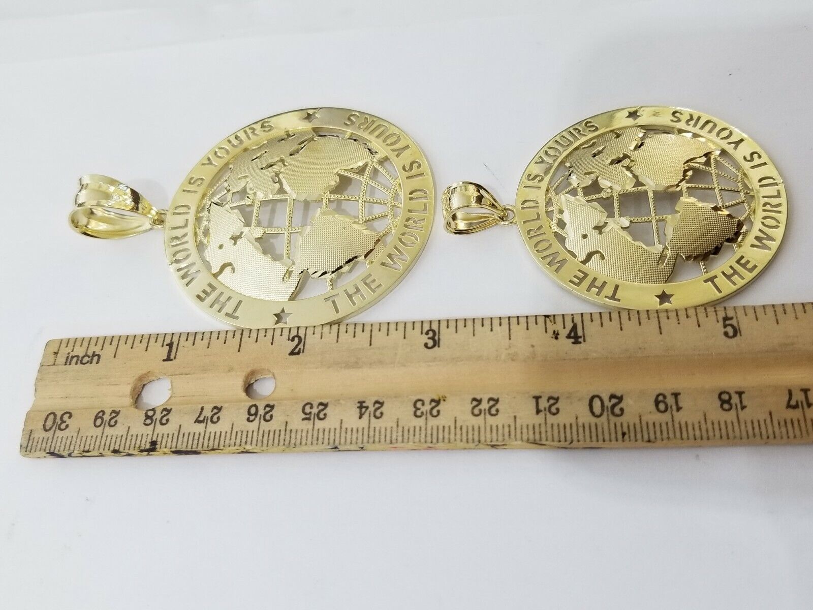 10k Yellow Gold World Map Charm Pendant Ring The World Is Yours Engraved Real 10kt - GoldenlinQ