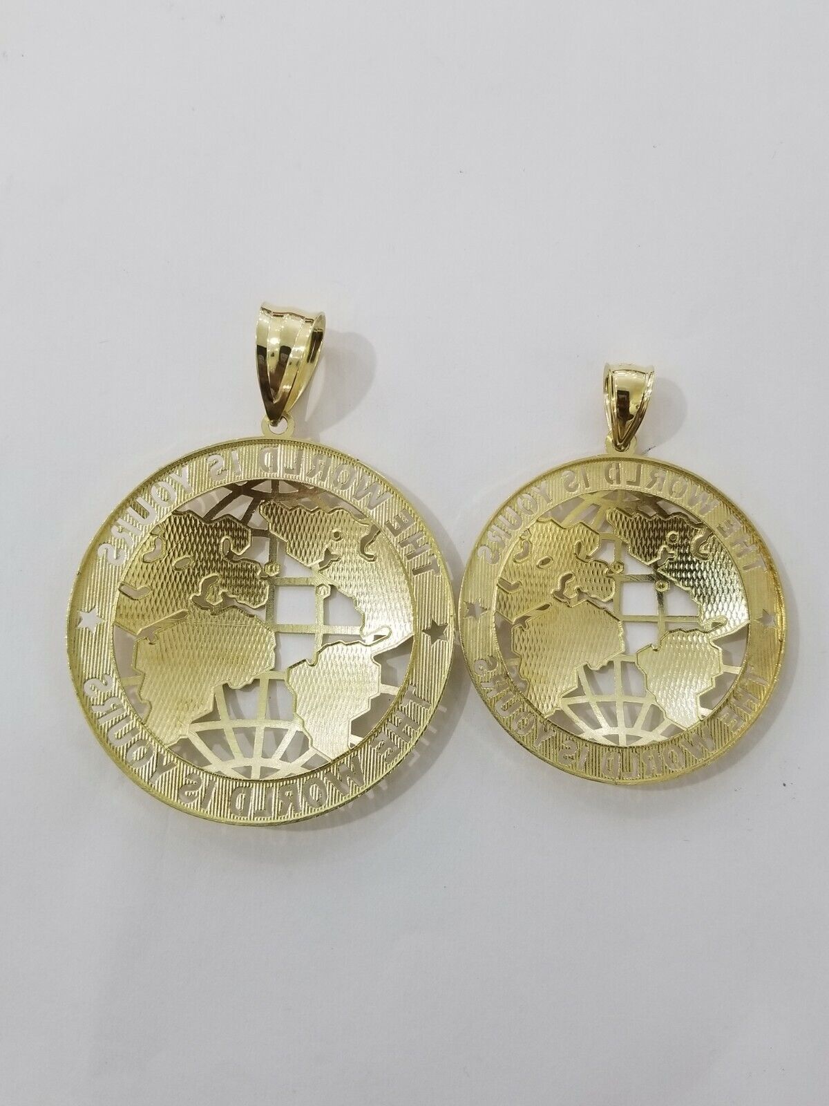 10k Yellow Gold World Map Charm Pendant Ring The World Is Yours Engraved Real 10kt - GoldenlinQ