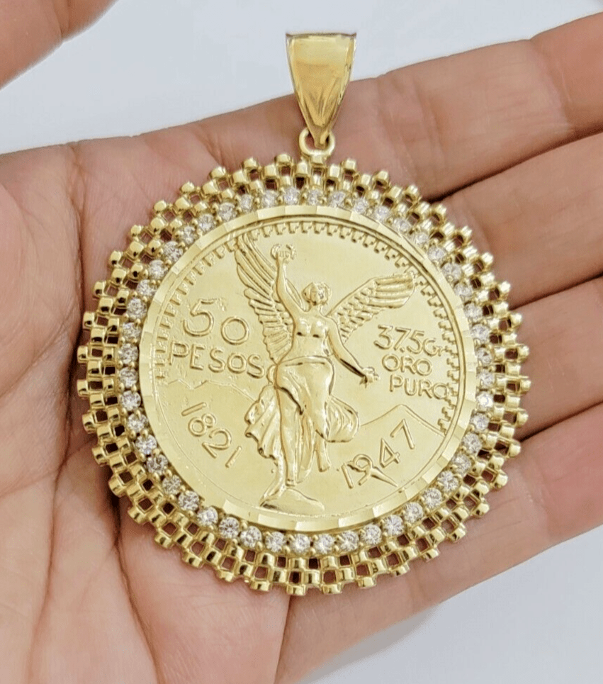 10kt Gold 1947 Mexican Centenario Coin Charm Pendant 50 pesos With 10k Bezel NEW - GoldenlinQ