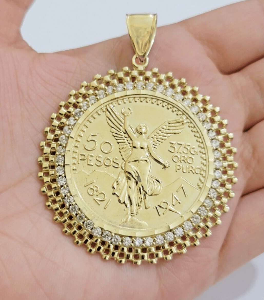 10kt Gold 1947 Mexican Centenario Coin Charm Pendant 50 pesos With 10k Bezel NEW - GoldenlinQ