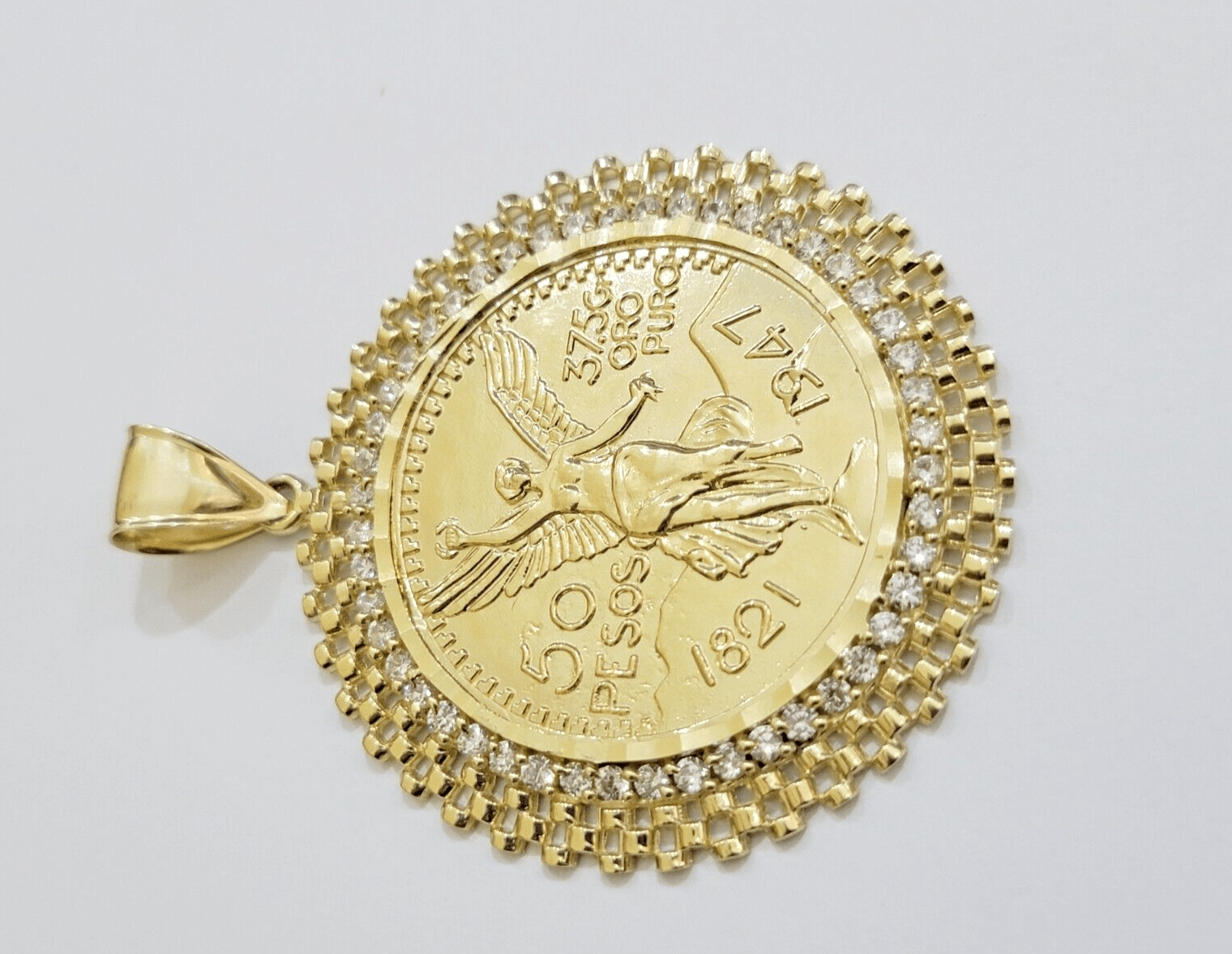10kt Gold 1947 Mexican Centenario Coin Charm Pendant 50 pesos With 10k Bezel NEW - GoldenlinQ